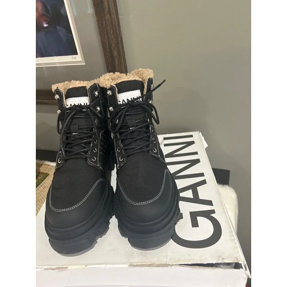 GANNI Lace Up Hiking Boots Black Womens Size 36